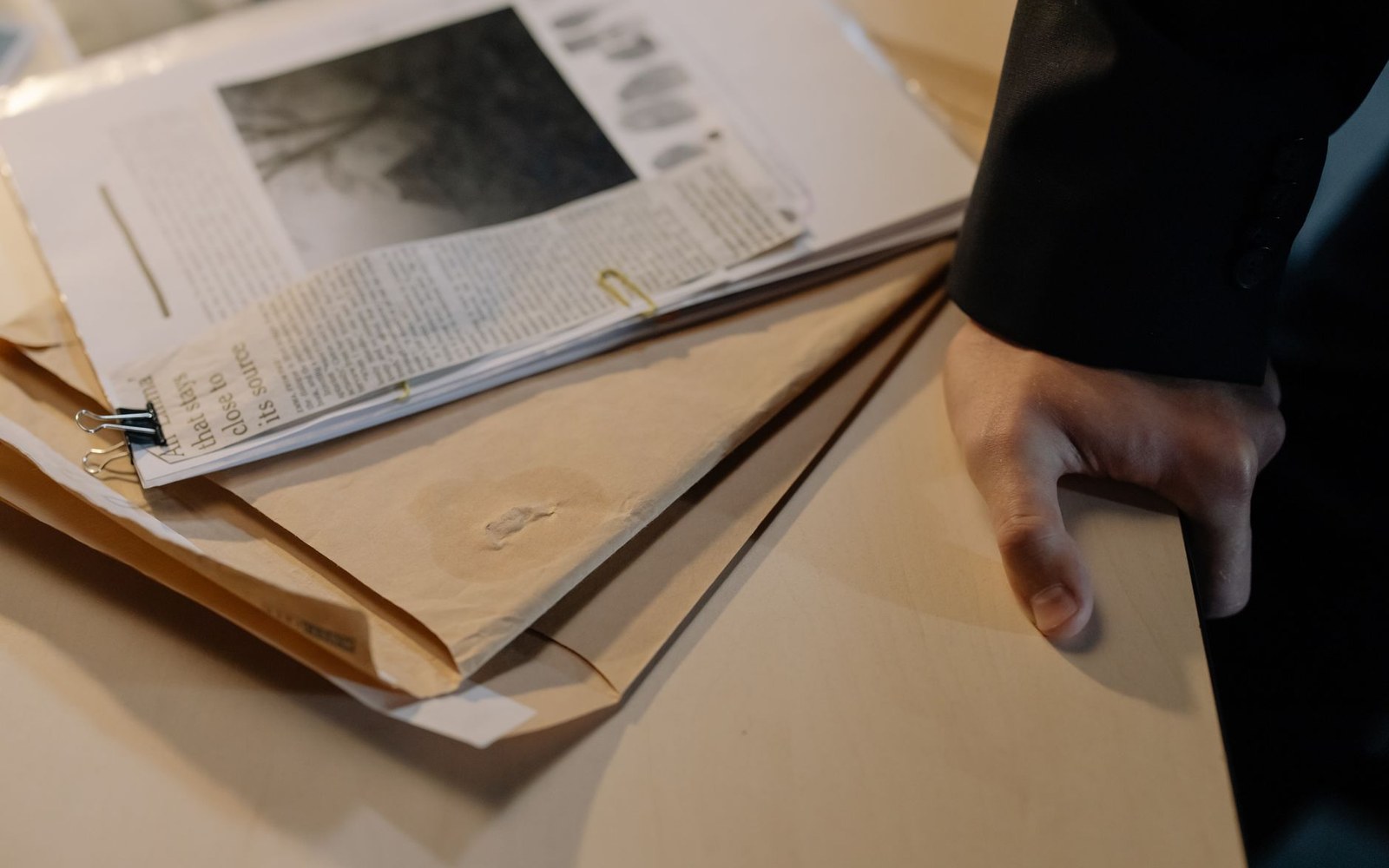 A hand rests on a desk beside envelopes and a clipped newspaper article with photographs