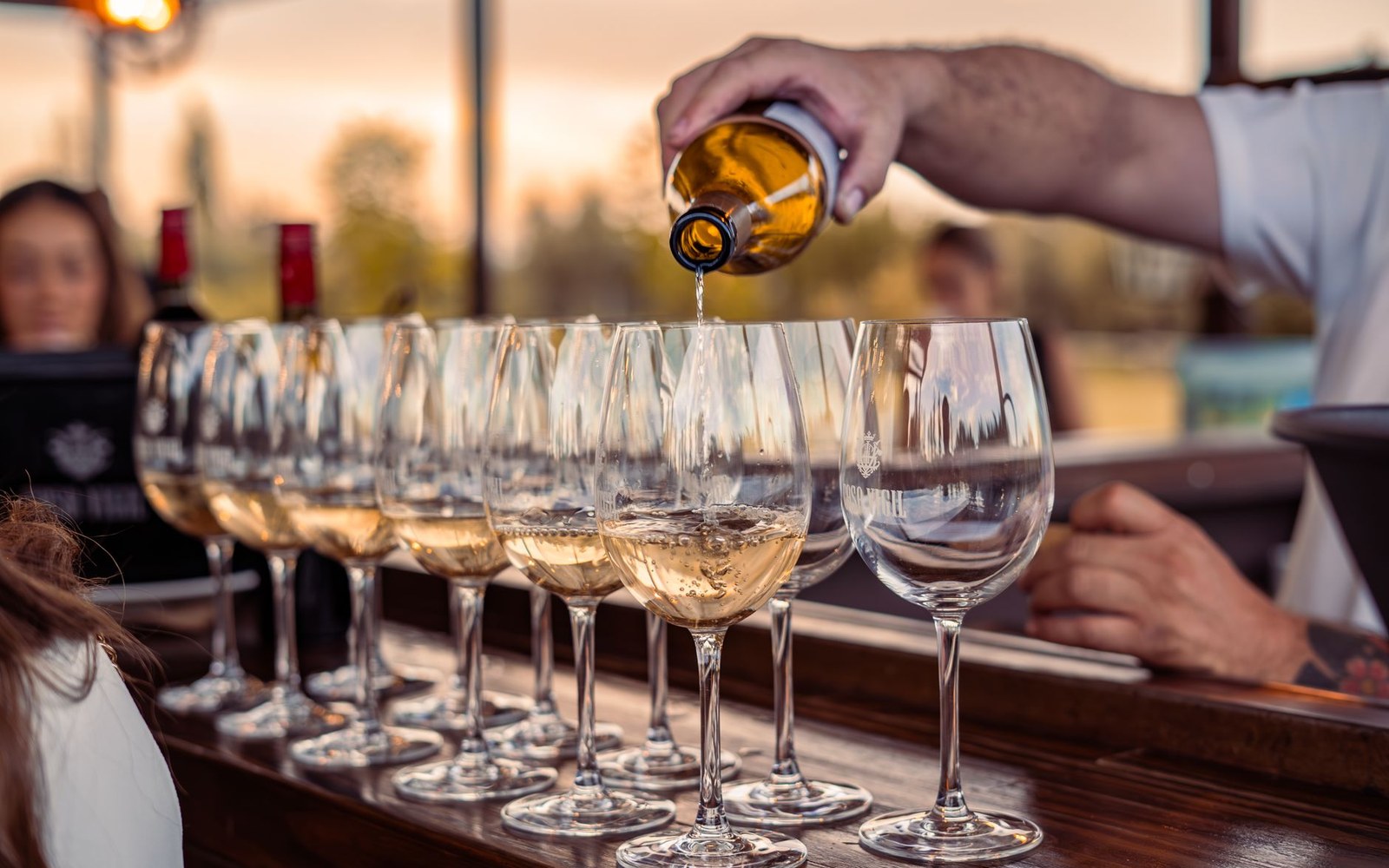 A server pours white wine into a row of glasses lined up on a bar